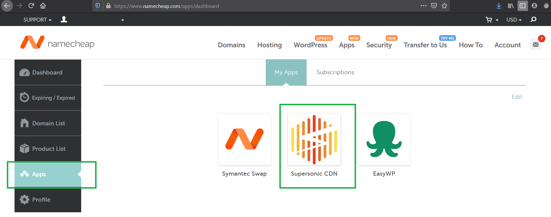 Screenshot from the Namecheap dashboard highlighting where to access CDN settings